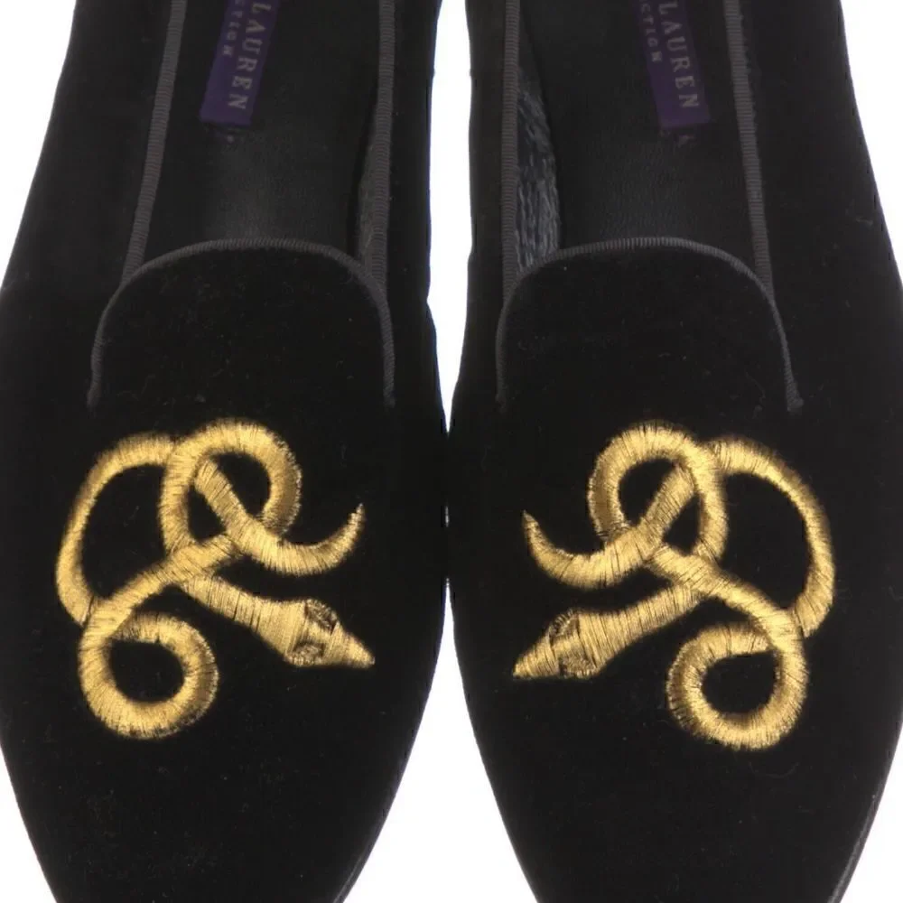 Ralph Lauren Collection Black Velvet Gold Bullion Embroidered Snake Slipper